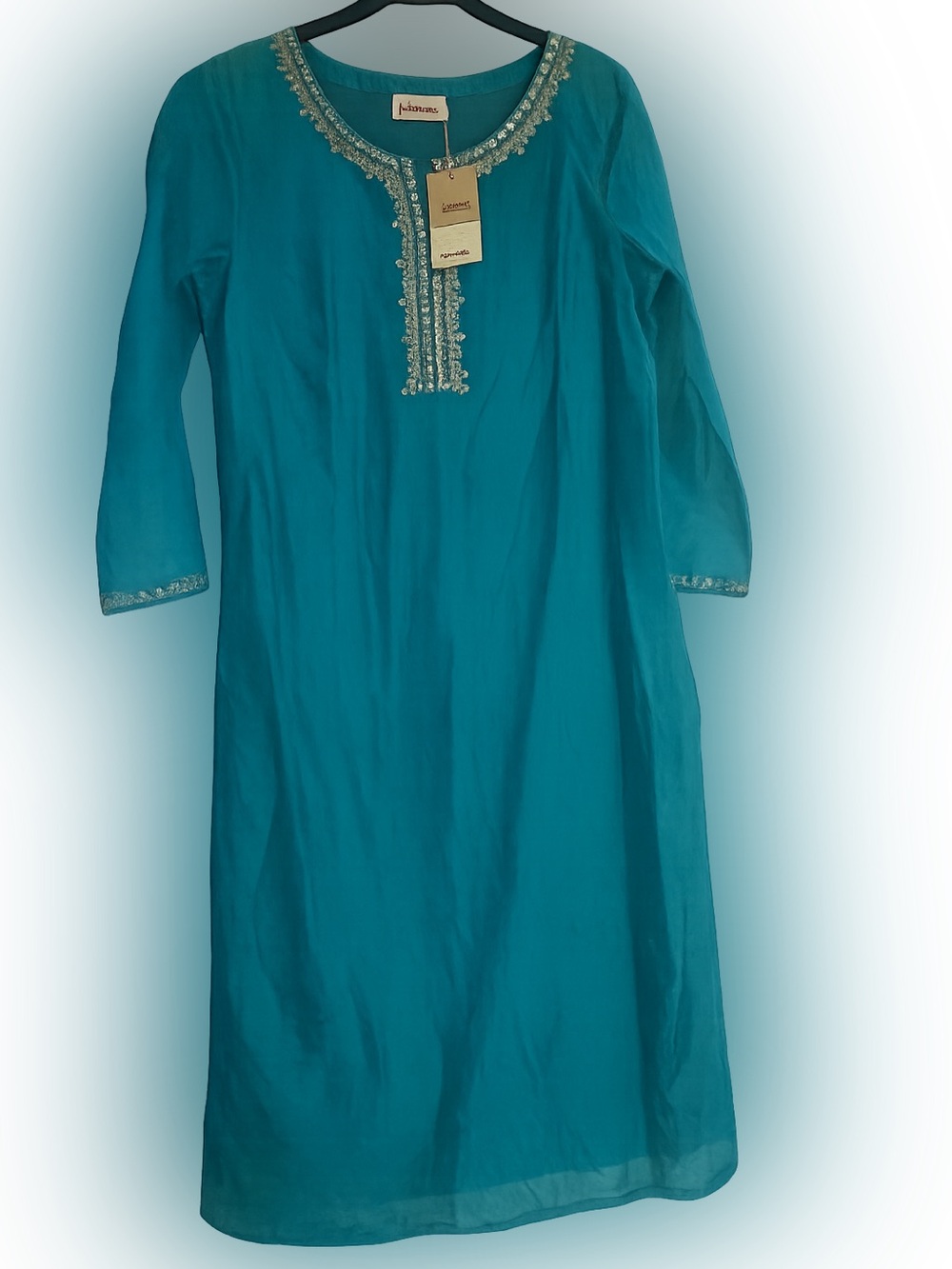 Fabindia Kurta Womens M Silk Blend Tunic Teal Green Gold Sequins Bollywood NWT
